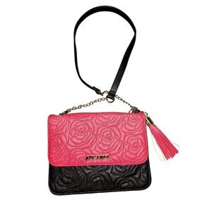 Betsey Johnson Red & Black Quilted Faux Leather Small Crossbody Roses Purse